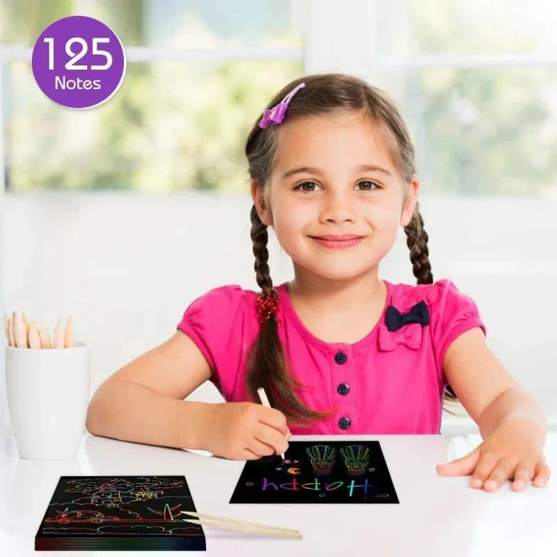 100PCS Rainbow Scratch Art Kit - Non-Toxic Craft Set with Wooden Stylus for Kids Ages 5-12 - Image 4