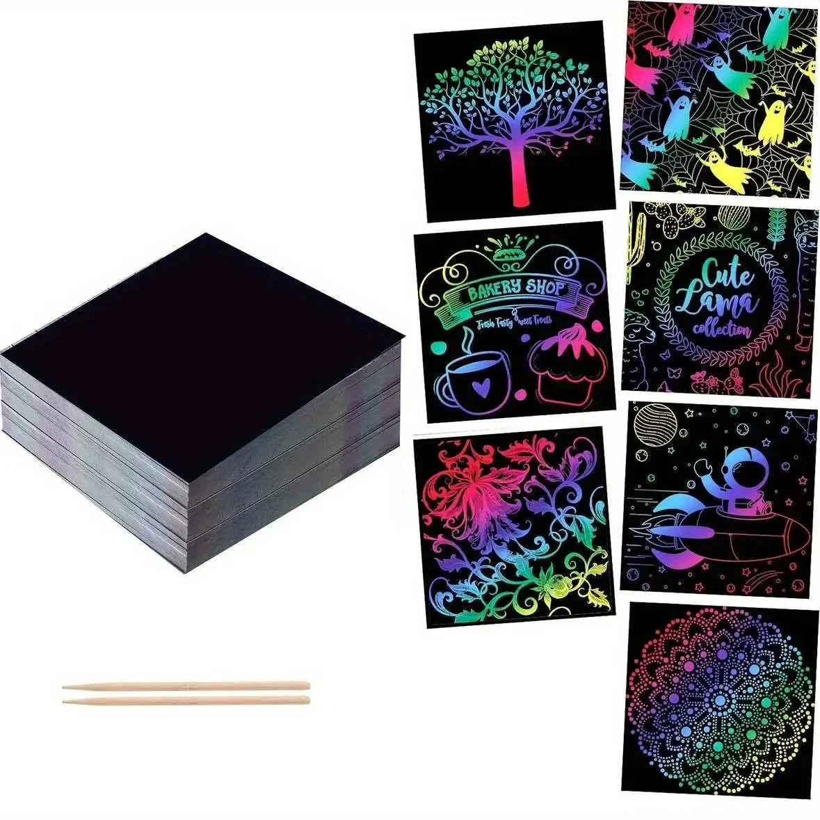 100PCS Rainbow Scratch Art Kit - Non-Toxic Craft Set with Wooden Stylus for Kids Ages 5-12 - Image 6