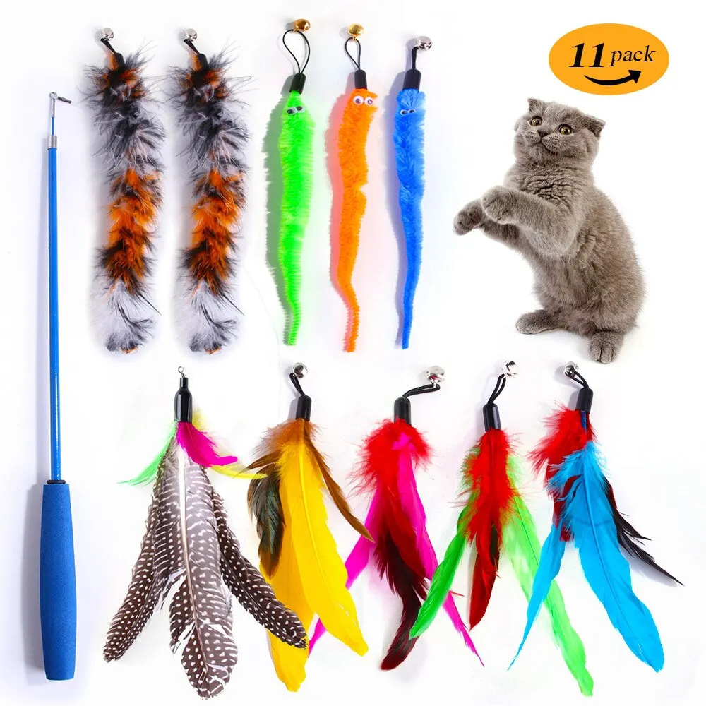 11PCS Cat Feather Toy Set – Replacement Feather Heads & Retractable Cat Wand Interactive Teaser Toys - Image 6