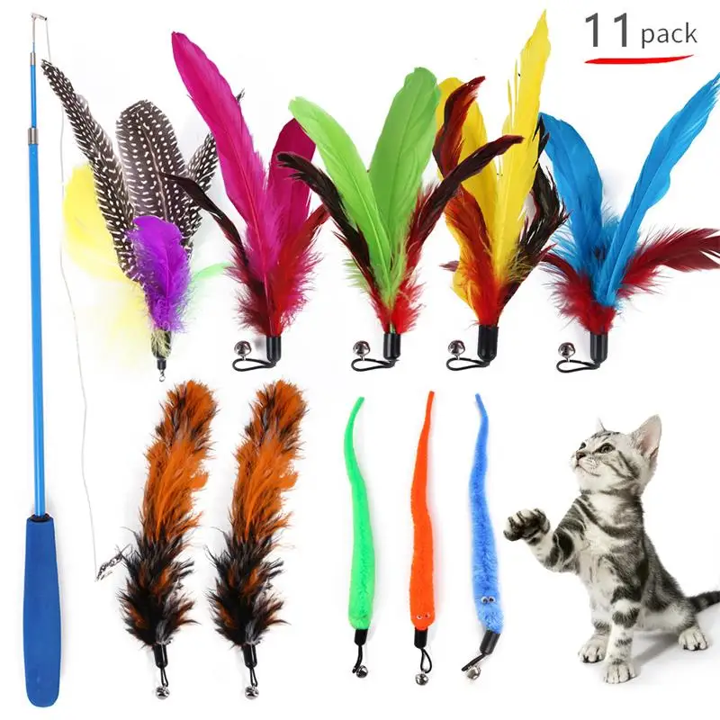 11PCS Cat Feather Toy Set – Replacement Feather Heads & Retractable Cat Wand Interactive Teaser Toys - Image 8
