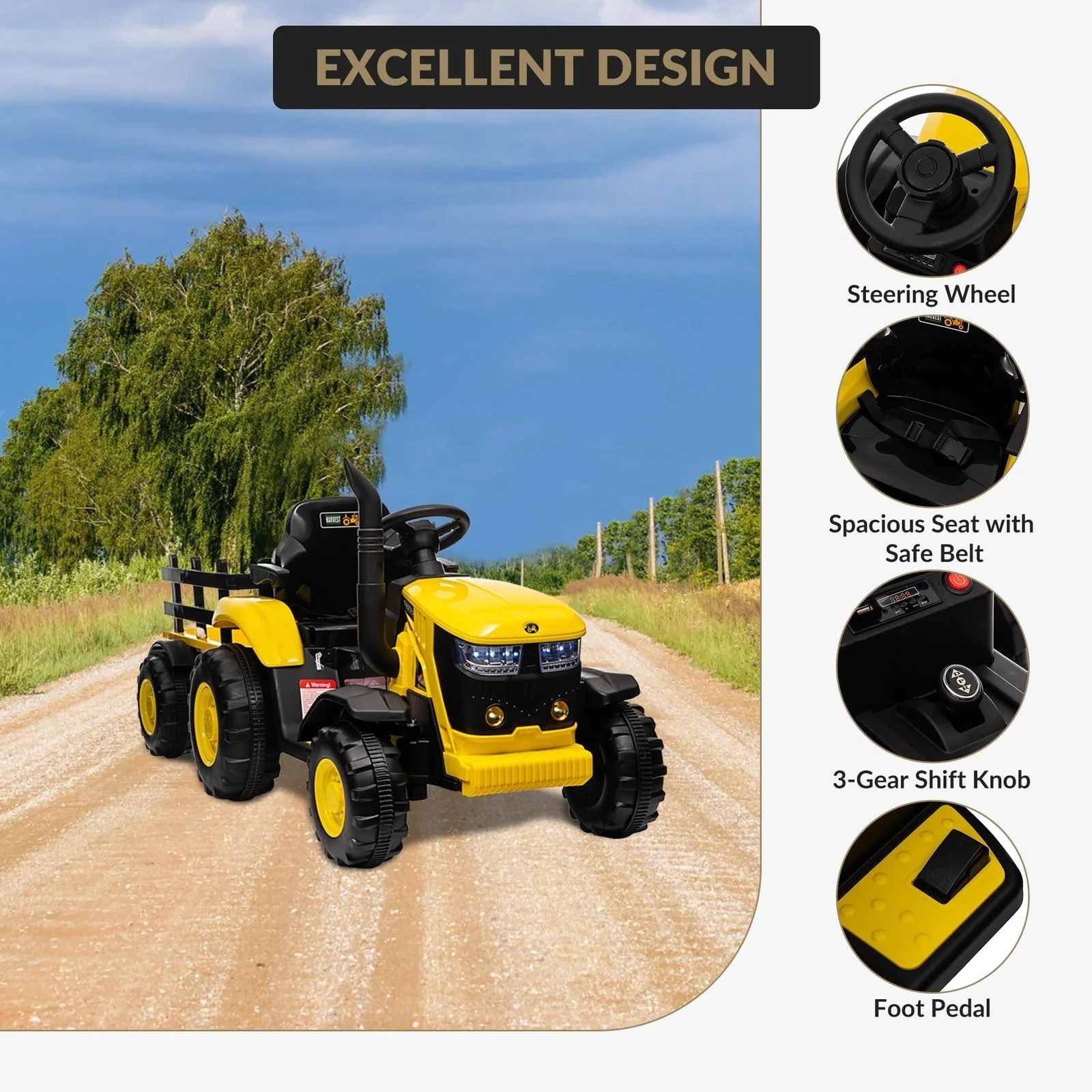 12V Electric Ride-On Tractor with Trailer for Kids, Battery Powered Vehicle - Image 14