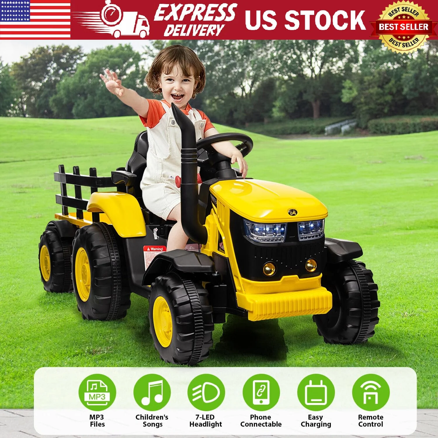 12V Electric Ride-On Tractor with Trailer for Kids, Battery Powered Vehicle - Image 19