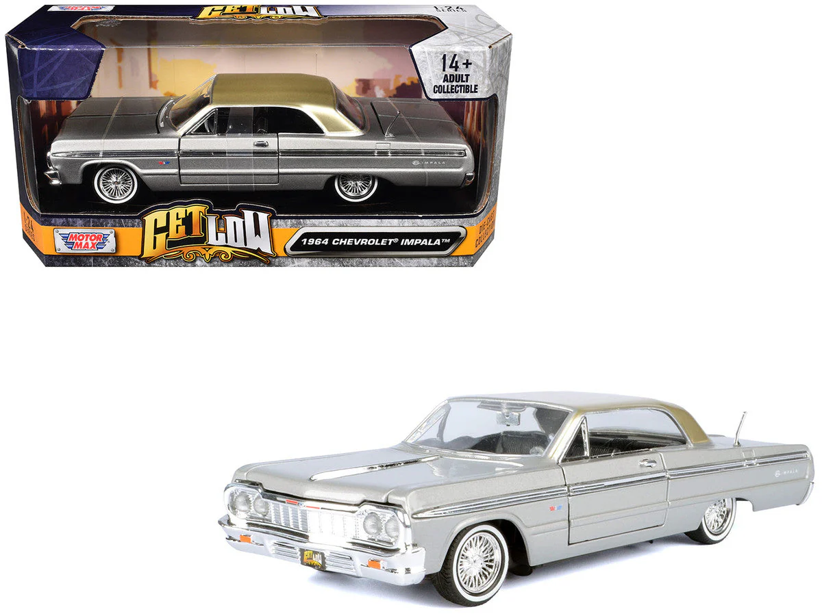 1964 Chevrolet Impala Lowrider Hard Top Silver Metallic with Gold Metallic Top "Get Low" Series 1/24 Diecast Model Car by Motormax - Image 2