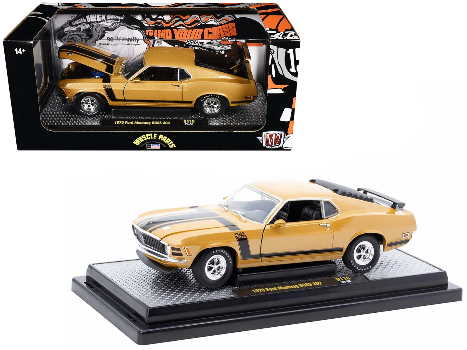1970 Ford Mustang BOSS 302 Gold Metallic with Black Stripes Limited Edition to 6250 pieces Worldwide 1/24 Diecast Model Car by M2 Machines - Image 2