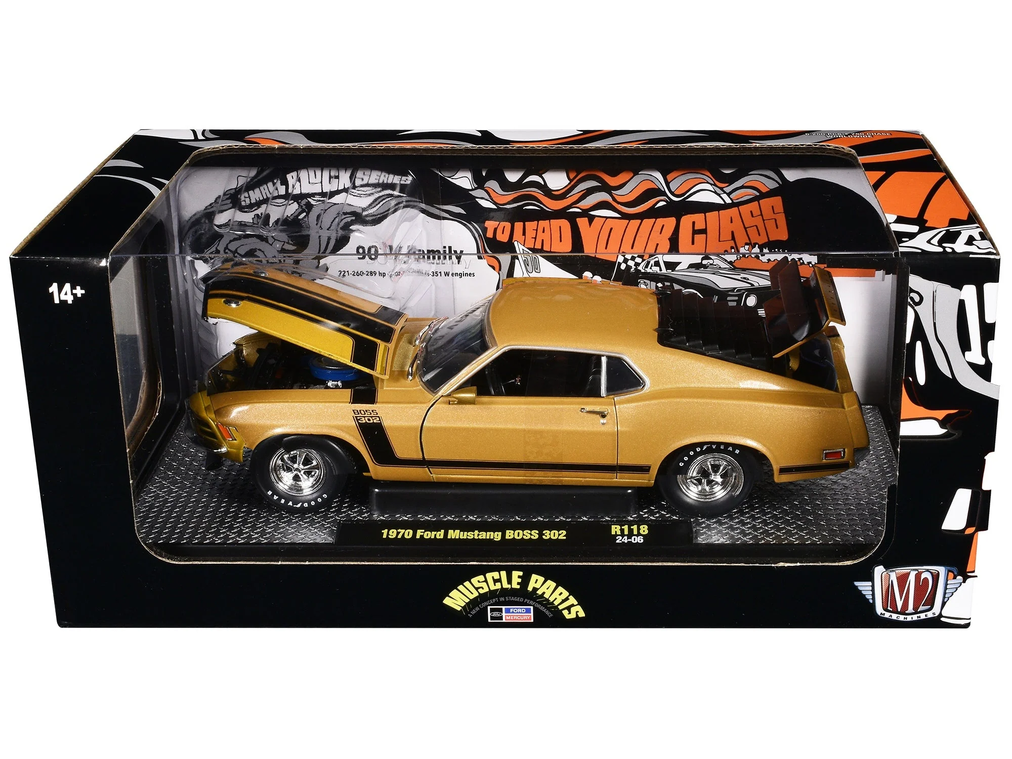 1970 Ford Mustang BOSS 302 Gold Metallic with Black Stripes Limited Edition to 6250 pieces Worldwide 1/24 Diecast Model Car by M2 Machines - Image 3