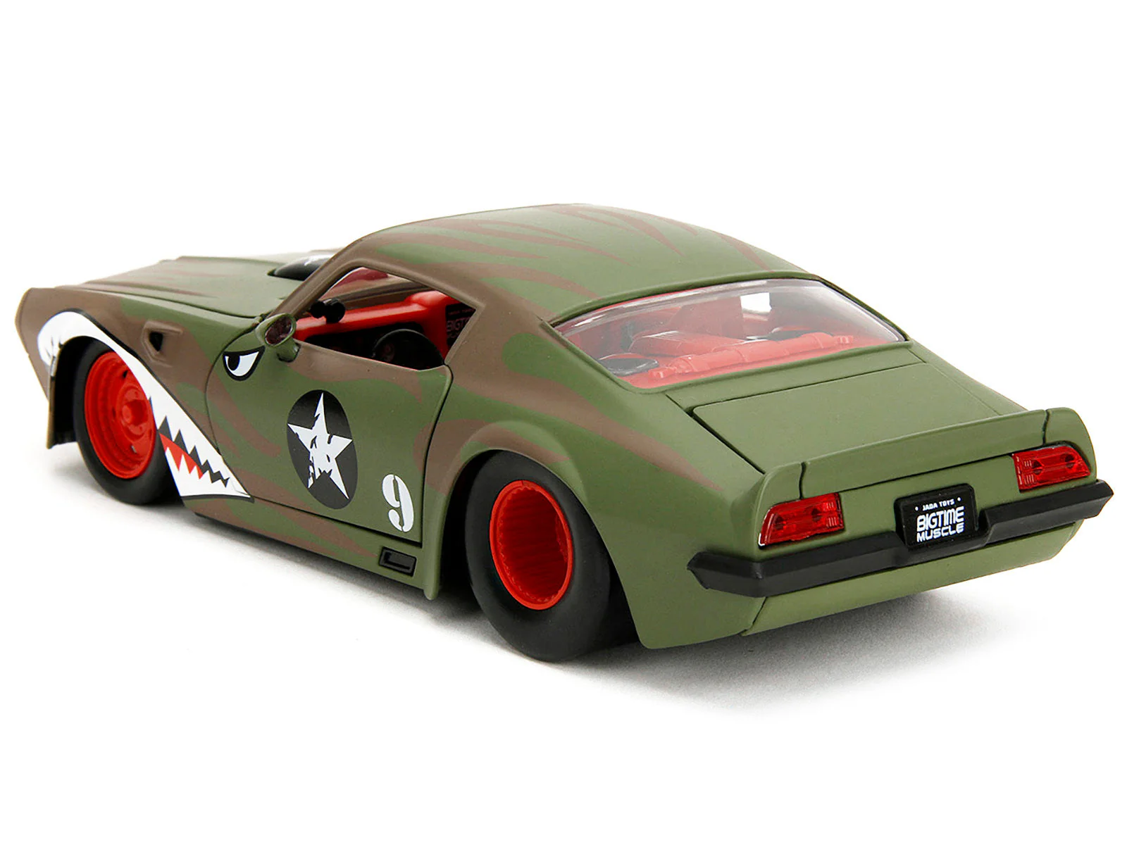 1972 Pontiac Firebird #9 Green Camouflage Flames with Graphics and Red Interior "Bigtime Muscle" Series 1/24 Diecast Model Car by Jada - Image 2