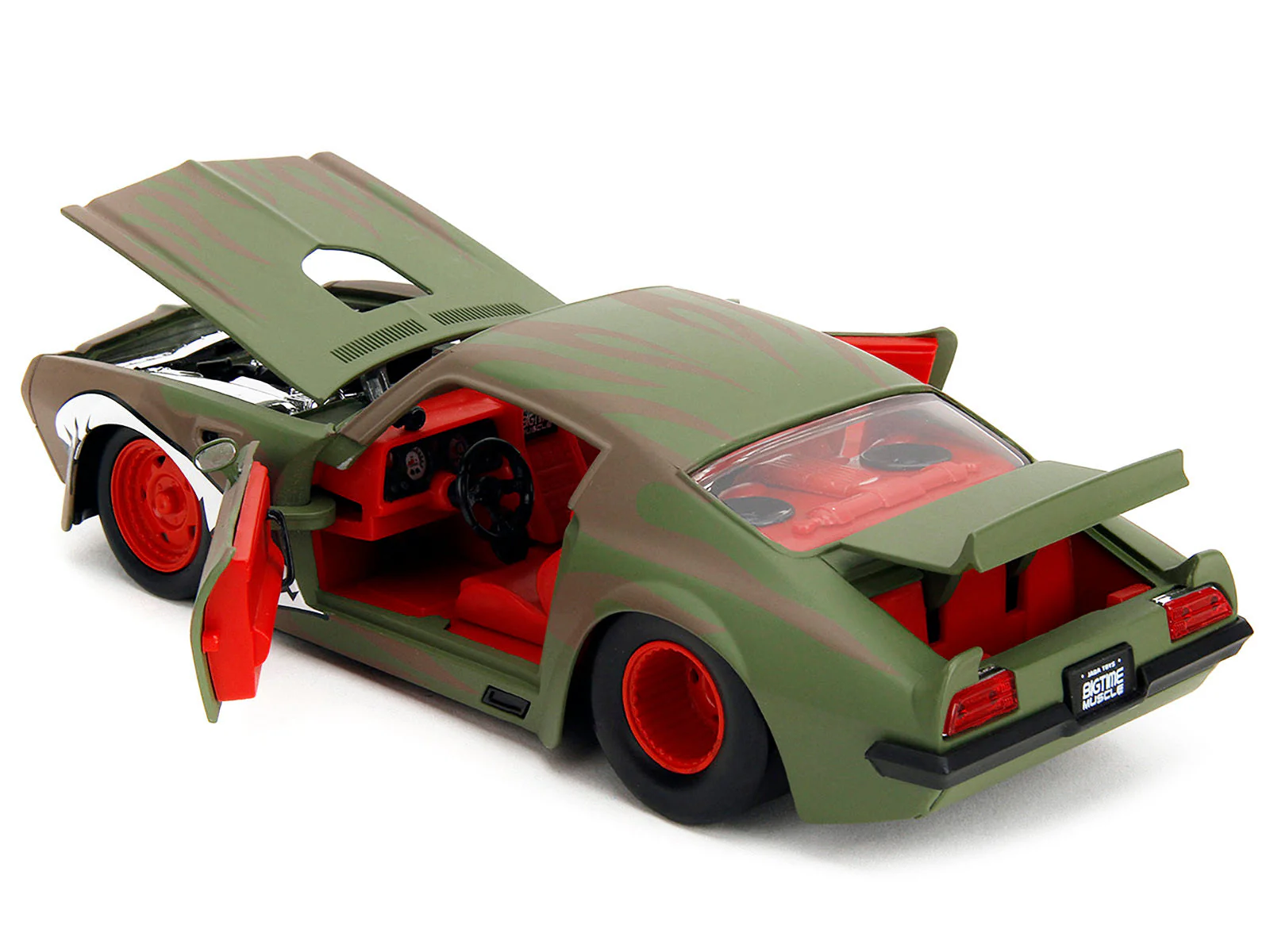1972 Pontiac Firebird #9 Green Camouflage Flames with Graphics and Red Interior "Bigtime Muscle" Series 1/24 Diecast Model Car by Jada - Image 3