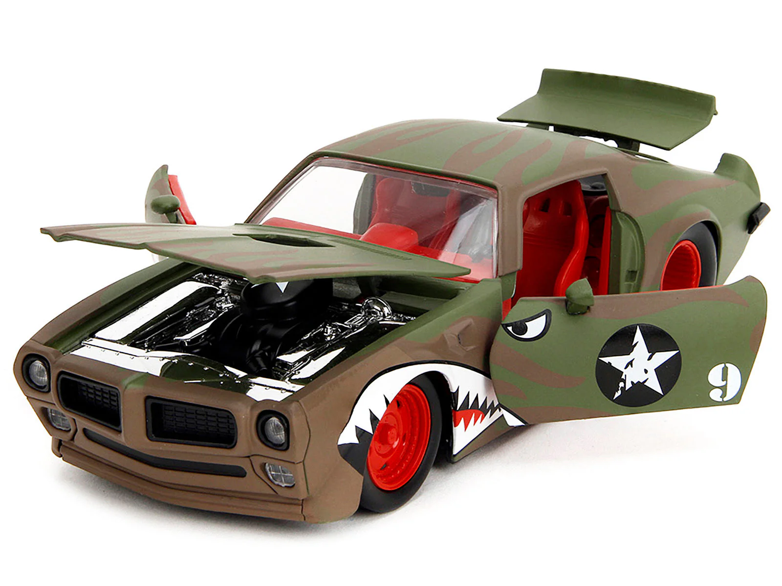 1972 Pontiac Firebird #9 Green Camouflage Flames with Graphics and Red Interior "Bigtime Muscle" Series 1/24 Diecast Model Car by Jada - Image 4