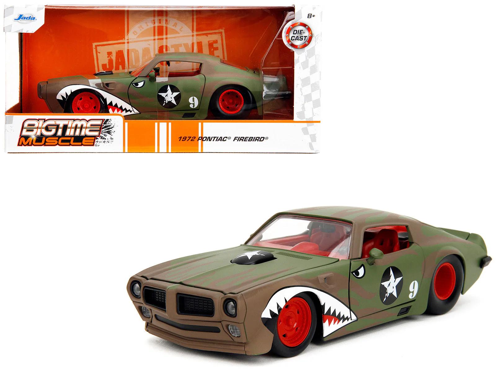 1972 Pontiac Firebird #9 Green Camouflage Flames with Graphics and Red Interior "Bigtime Muscle" Series 1/24 Diecast Model Car by Jada - Image 5