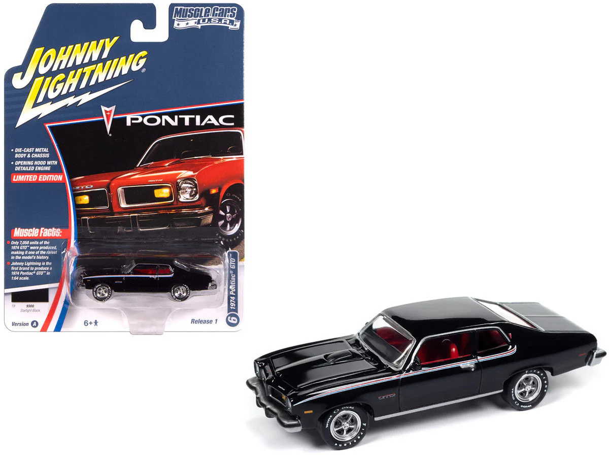 1974 Pontiac GTO Starlight Black with Red Interior "Muscle Cars USA" Series 1/64 Diecast Model Car by Johnny Lightning - Image 3