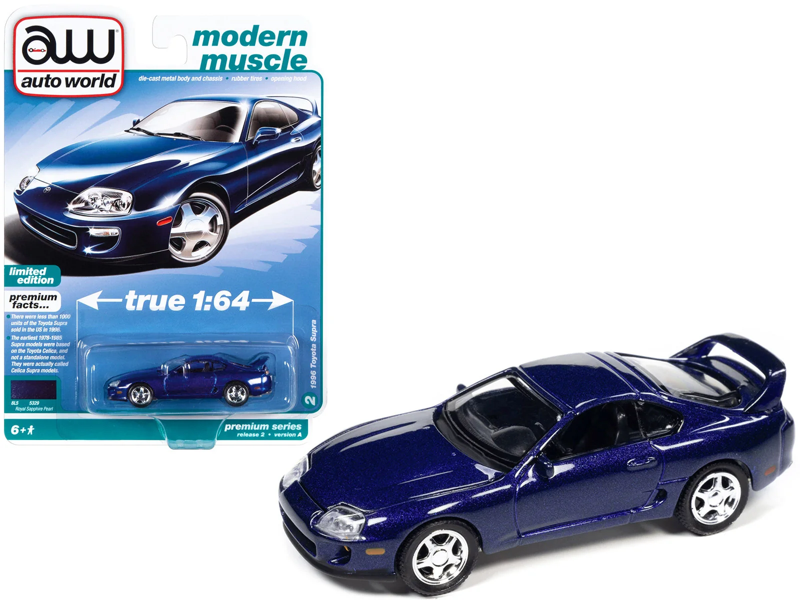 1996 Toyota Supra Royal Sapphire Blue Metallic "Modern Muscle" Limited Edition 1/64 Diecast Model Car by Auto World - Image 2