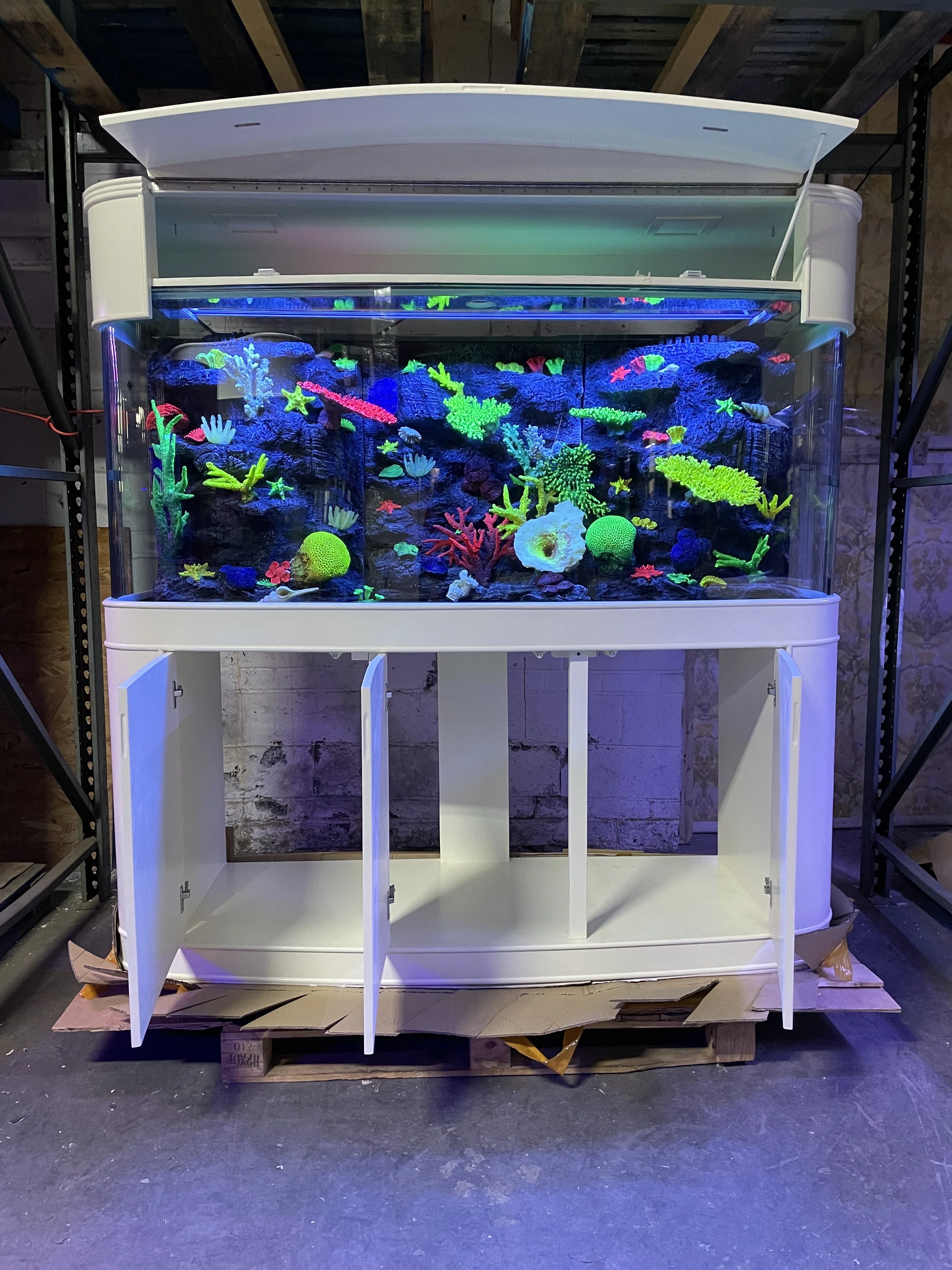 200 Gallon Seamless Glass Bowfront Aquarium Reef-Ready in Tulum White Real Wood Furniture - Image 2