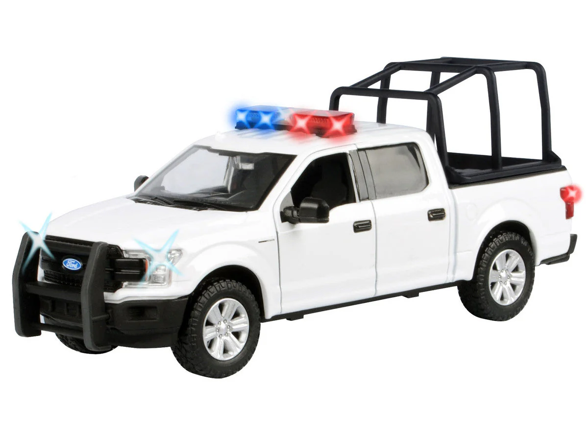 2019 Ford F-150 Lariat Crew Cab Pickup Truck with Bed Cage White with Flashing Light Bar and Front and Rear Lights and Sounds 1/27 Diecast Model Car by Motormax - Image 2