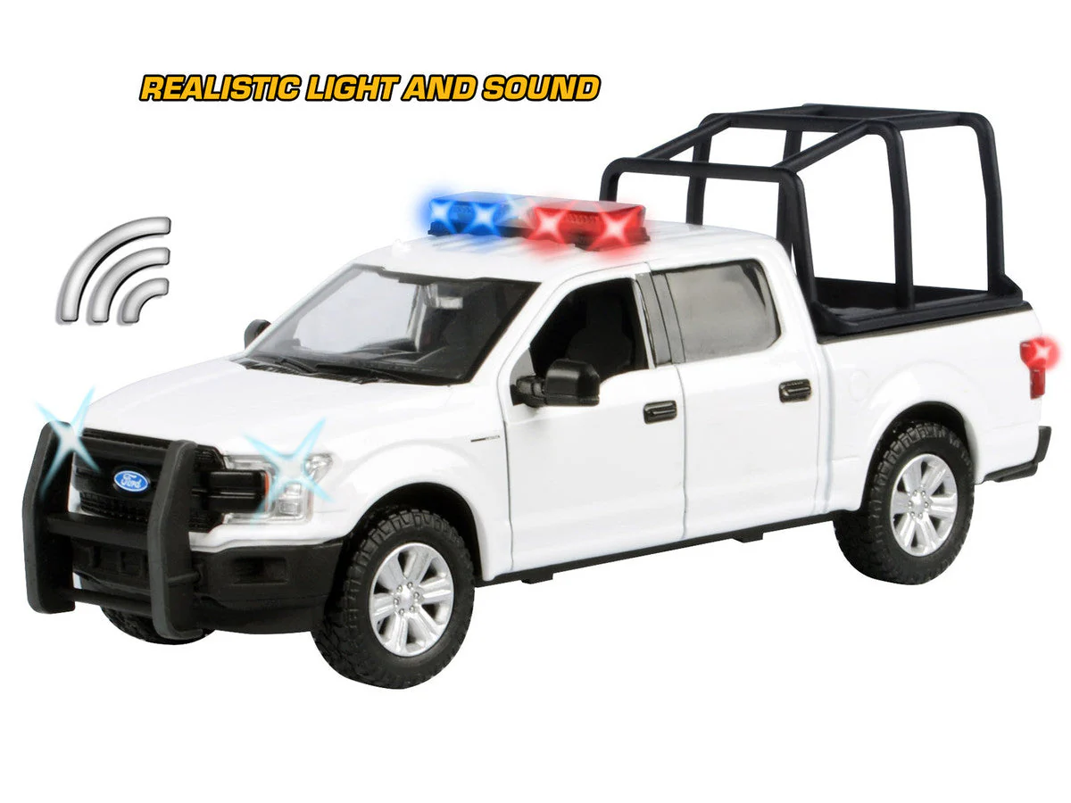 2019 Ford F-150 Lariat Crew Cab Pickup Truck with Bed Cage White with Flashing Light Bar and Front and Rear Lights and Sounds 1/27 Diecast Model Car by Motormax - Image 3