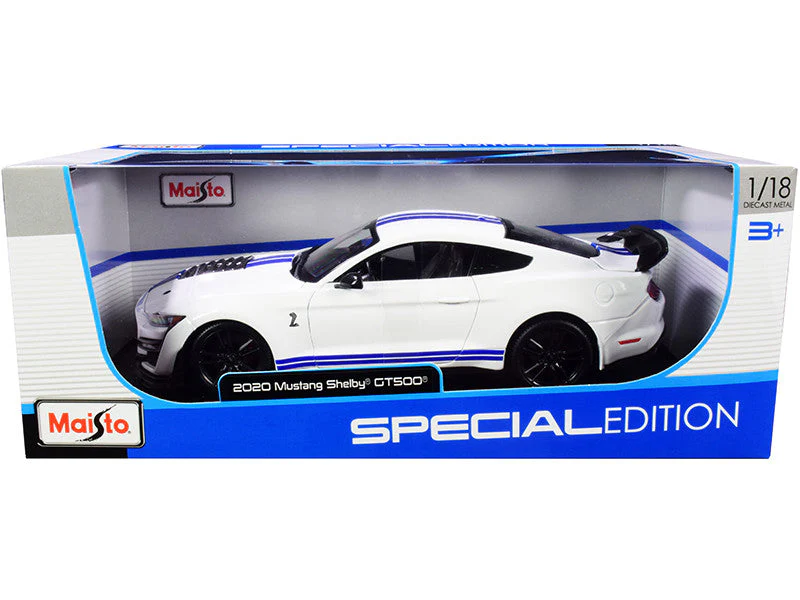 2020 Ford Mustang Shelby GT500 White with Blue Stripes "Special Edition" 1/18 Diecast Model Car by Maisto - Image 2