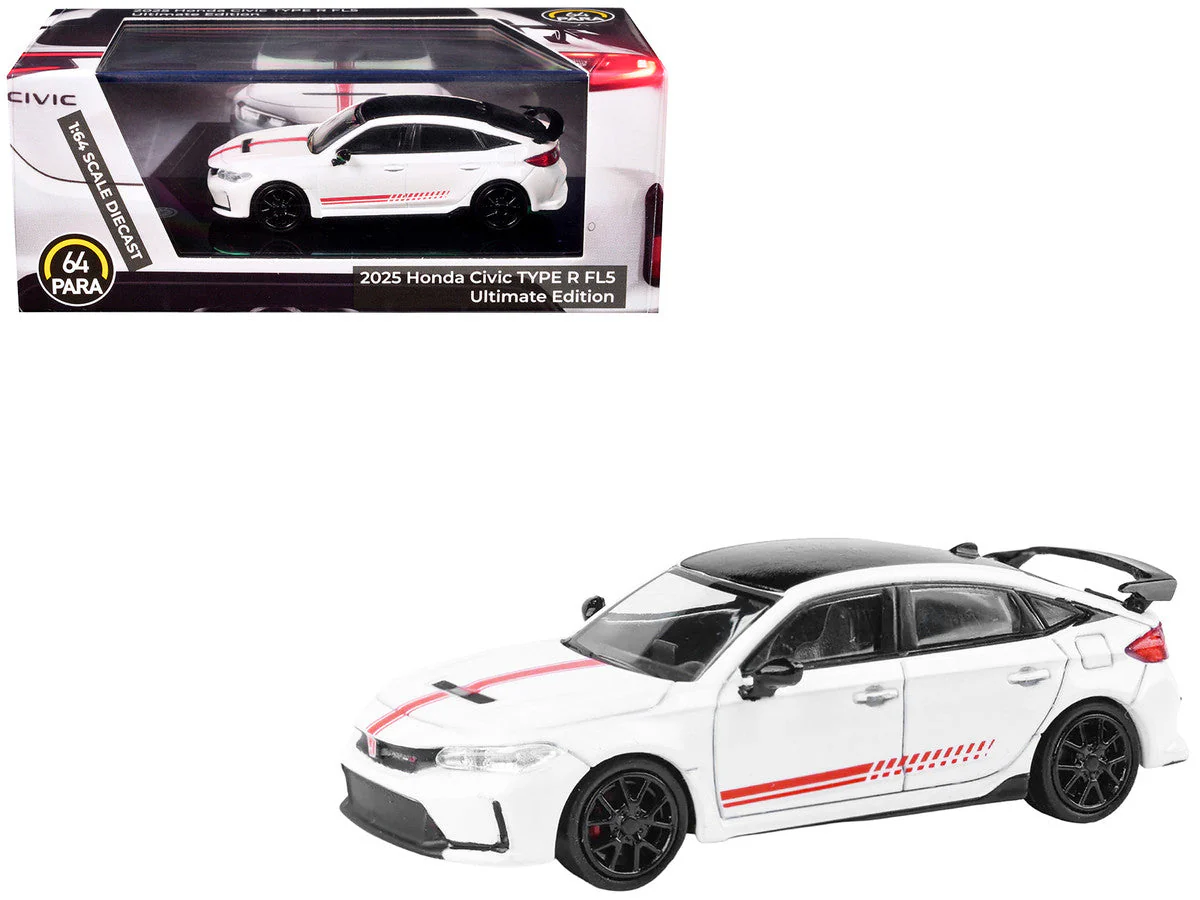 2025 Honda Civic Type R FL5 "Ultimate Edition" White with Red Stripes and Black Top 1/64 Diecast Model Car by Paragon - Image 4