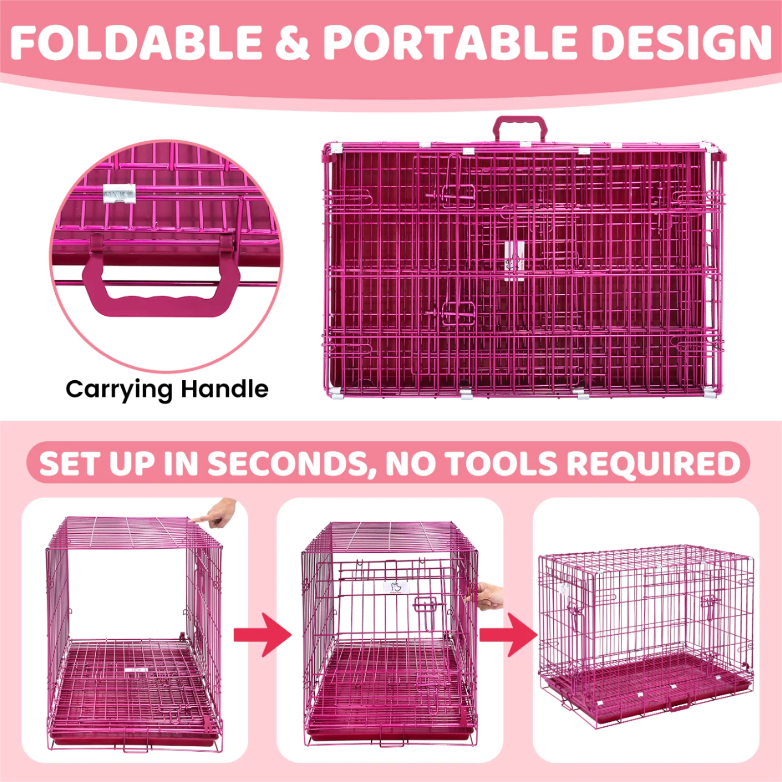 24-42" Collapsible Pink Dog Crate RED24-42 - Image 7