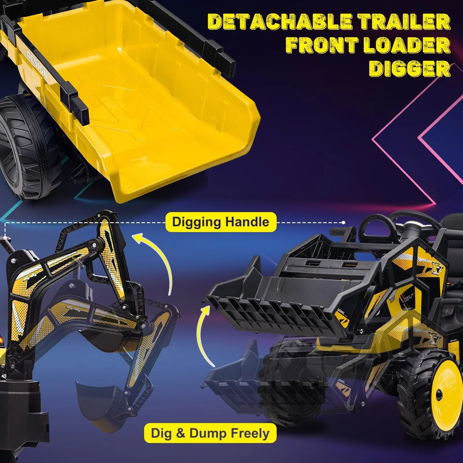 24V Electric Ride-On Tractor with Excavator, Trailer, and Digger Attachments - Image 11