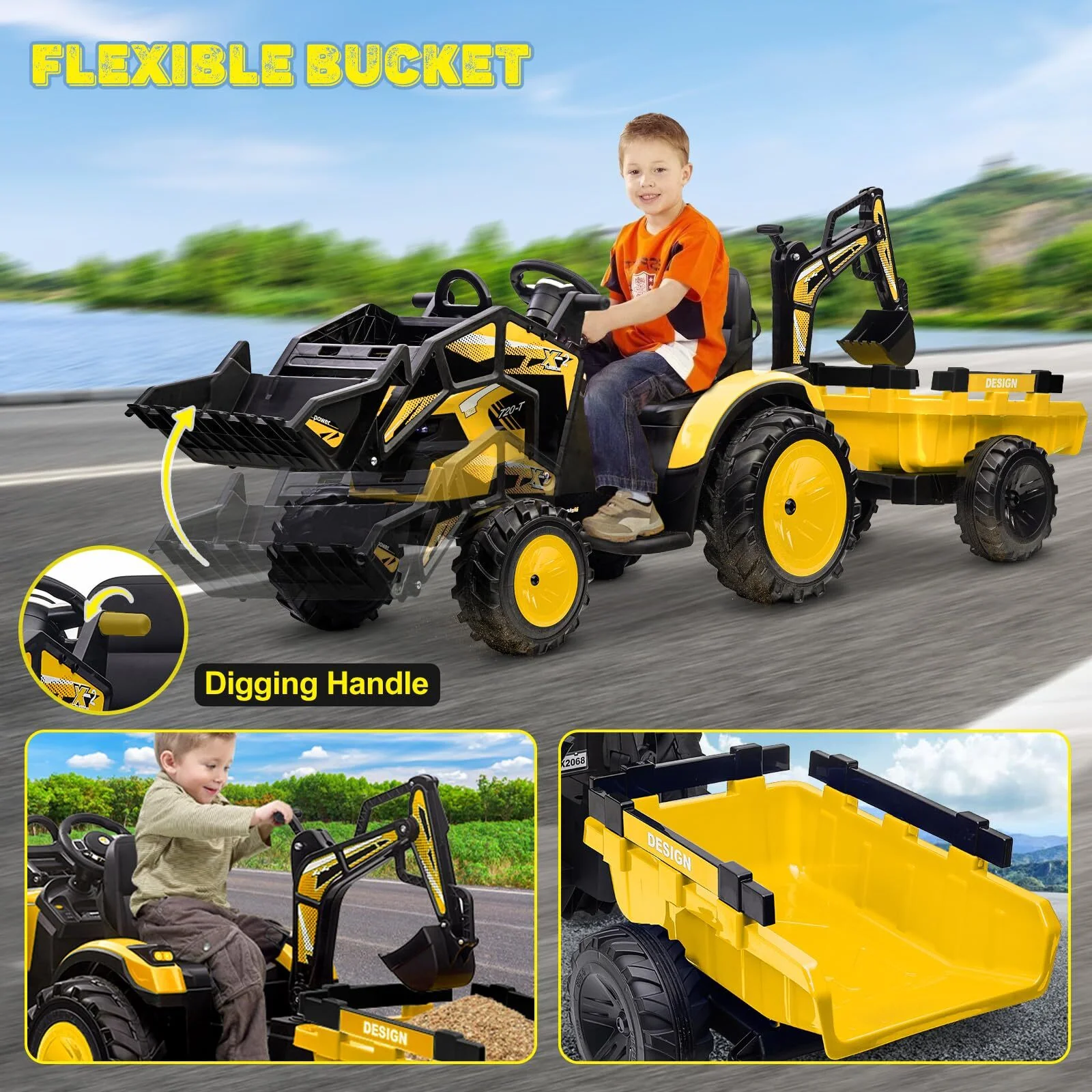 24V Electric Ride-On Tractor with Excavator, Trailer, and Digger Attachments - Image 2