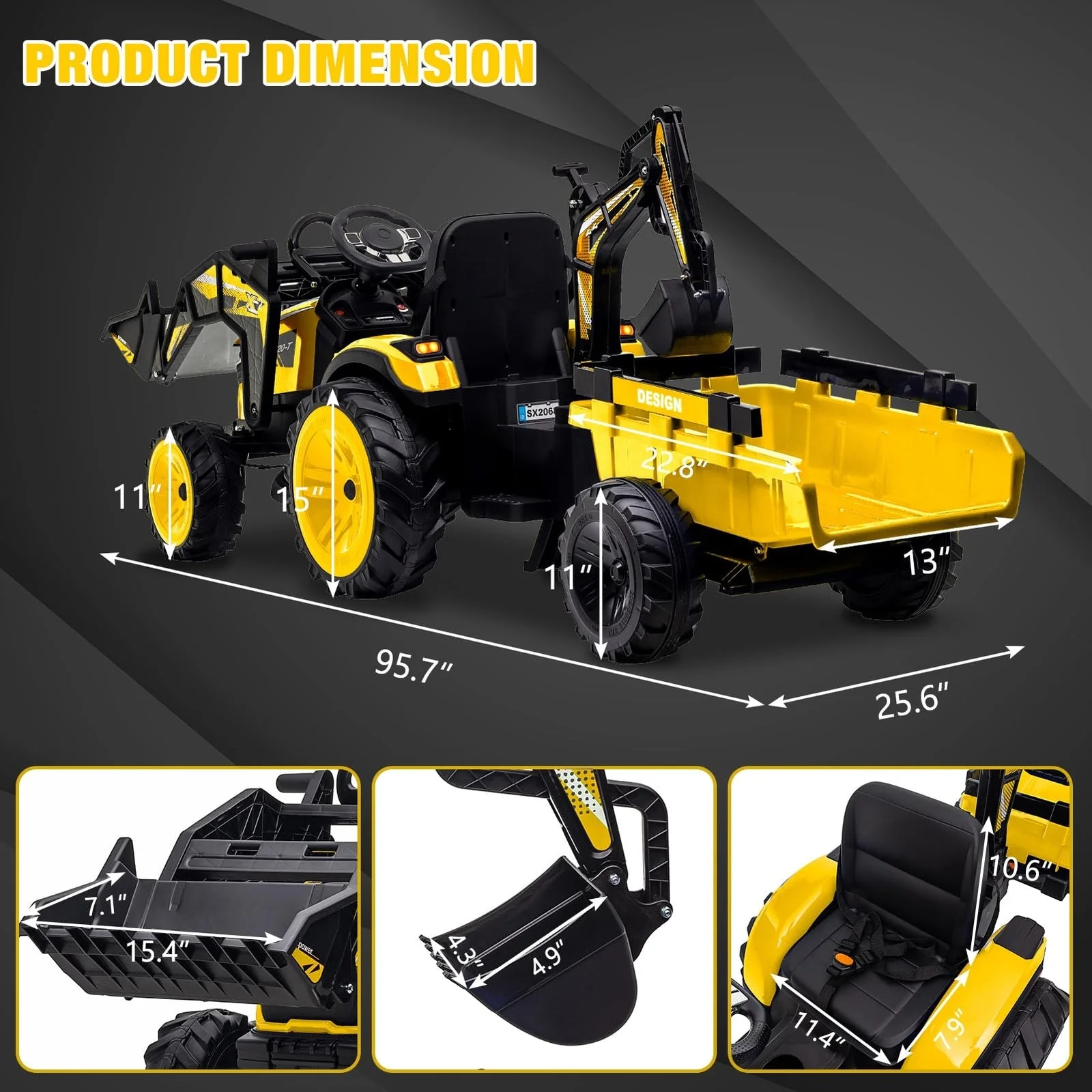 24V Electric Ride-On Tractor with Excavator, Trailer, and Digger Attachments - Image 4