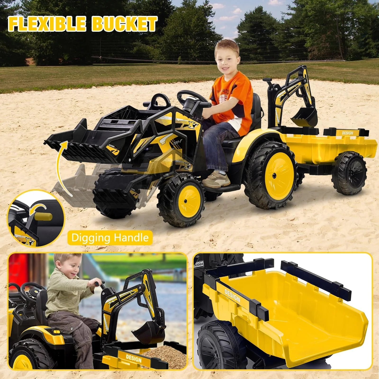 24V Electric Ride-On Tractor with Excavator, Trailer, and Digger Attachments - Image 6