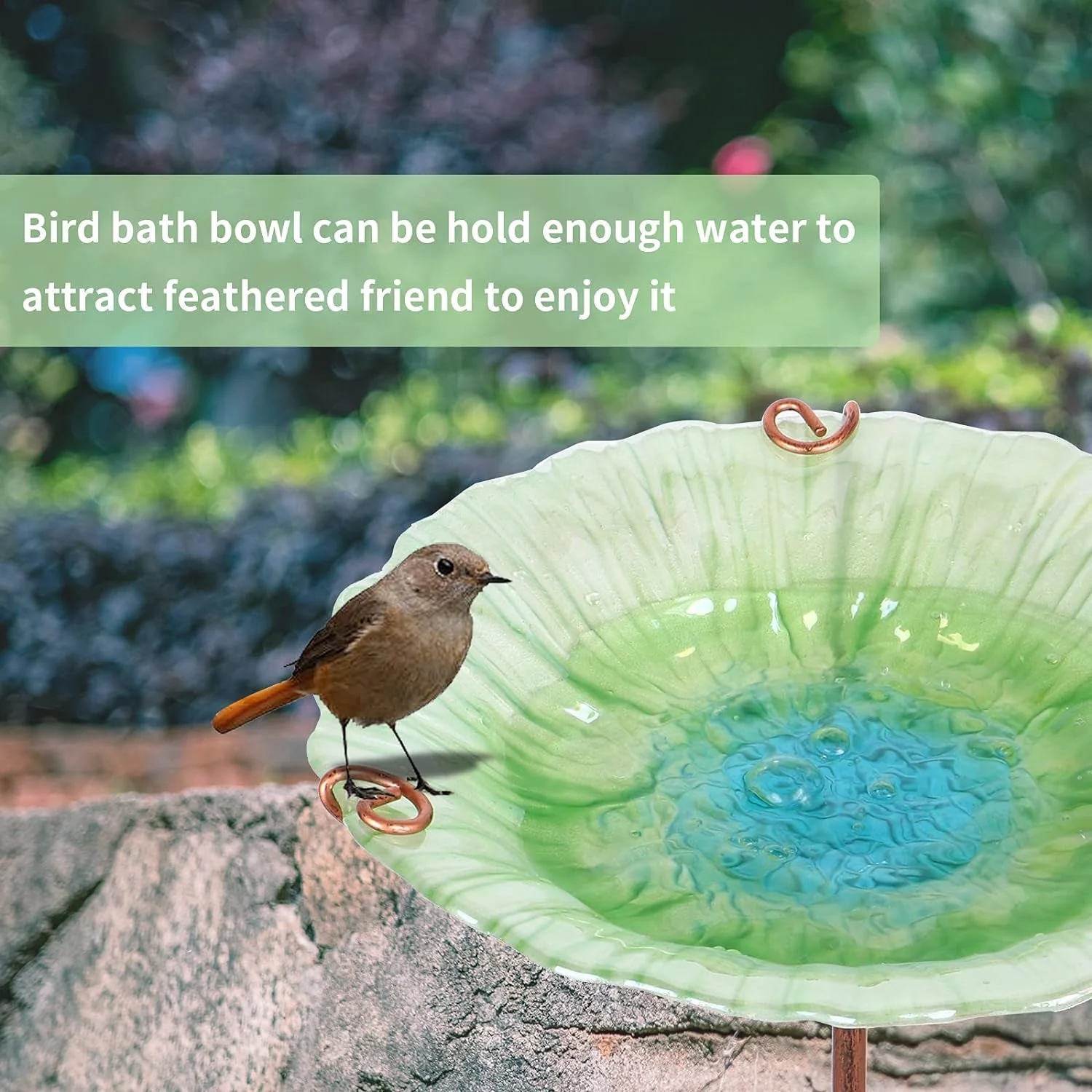 26 Inch Height Glass Birdbath Birdfeeder with Metal Stake Garden Outdoor Green - Image 2