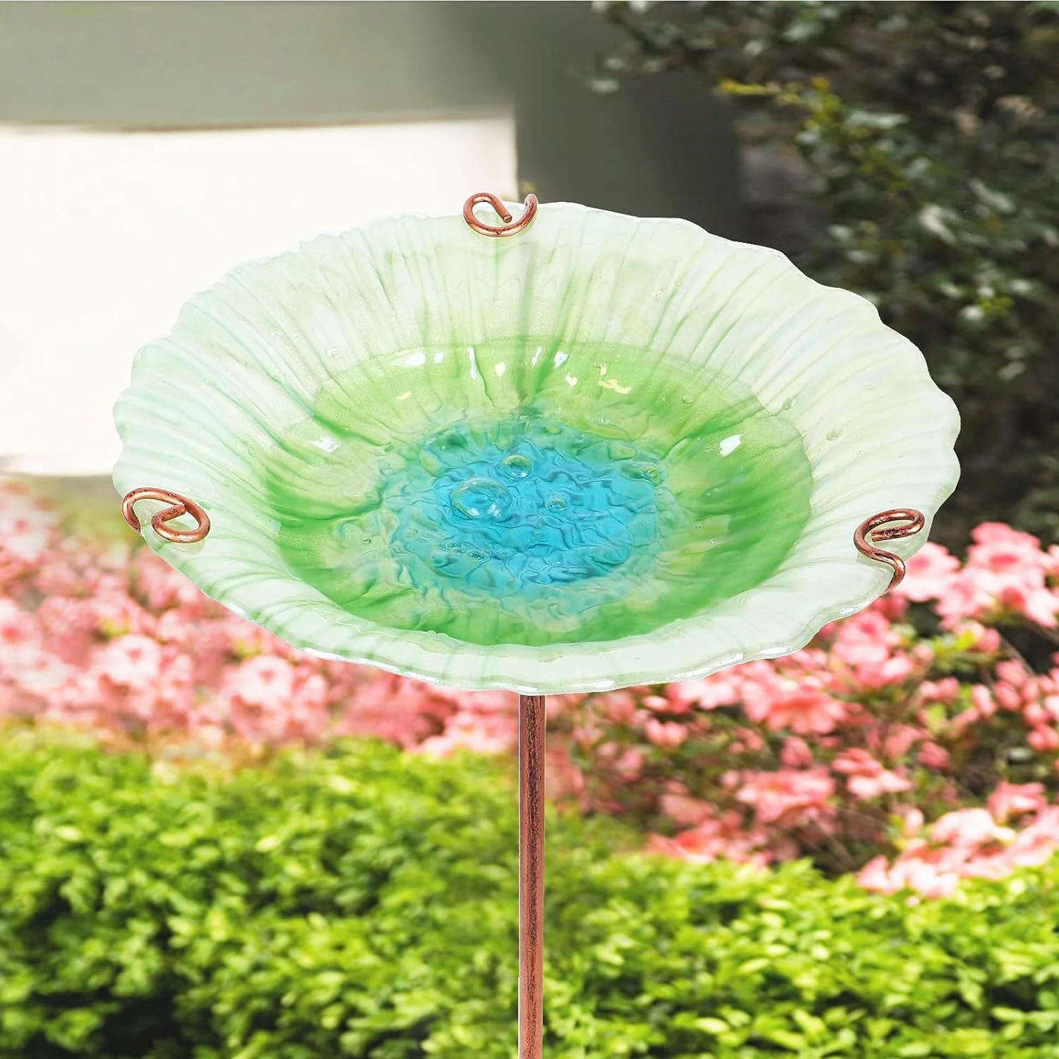 26 Inch Height Glass Birdbath Birdfeeder with Metal Stake Garden Outdoor Green - Image 3