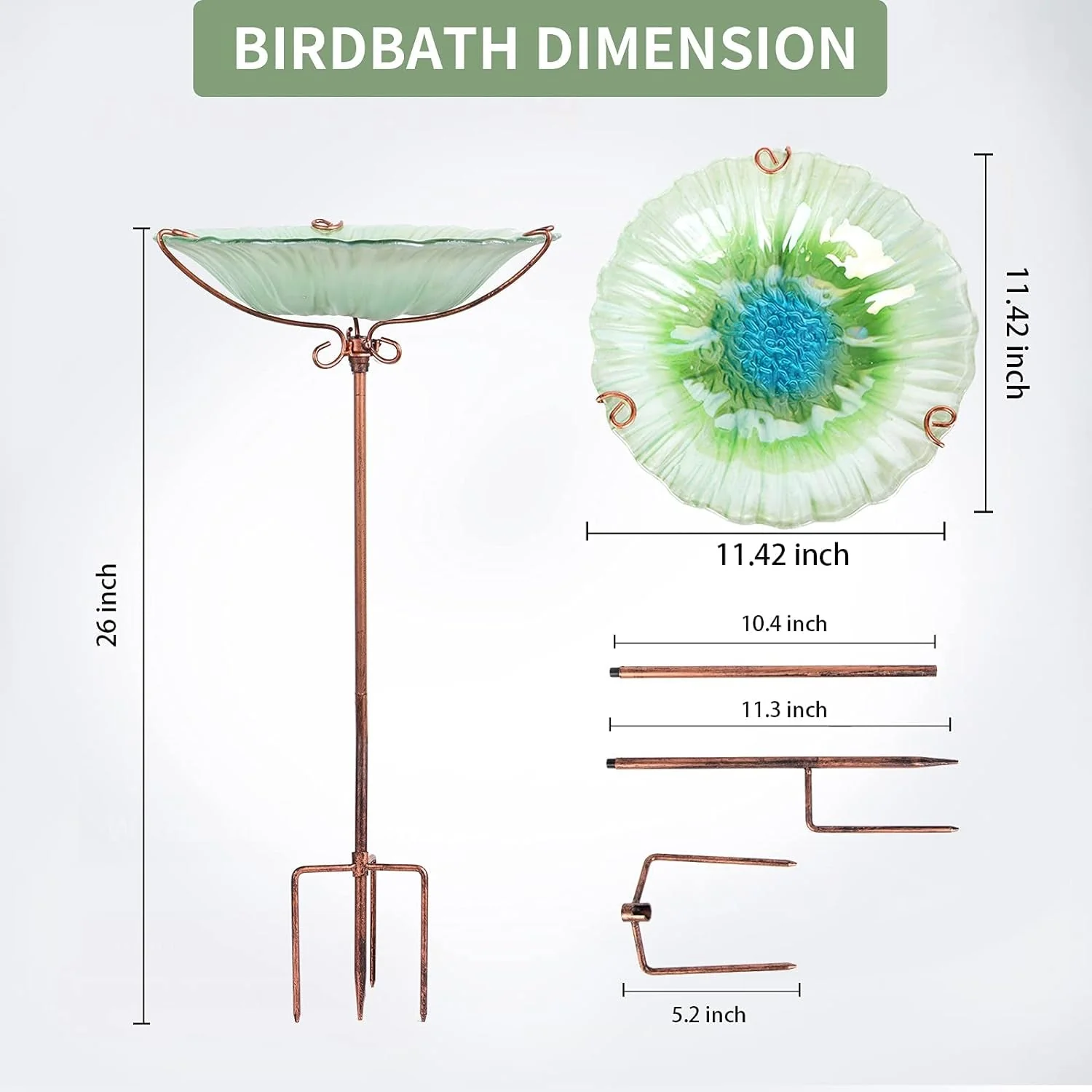 26 Inch Height Glass Birdbath Birdfeeder with Metal Stake Garden Outdoor Green - Image 4