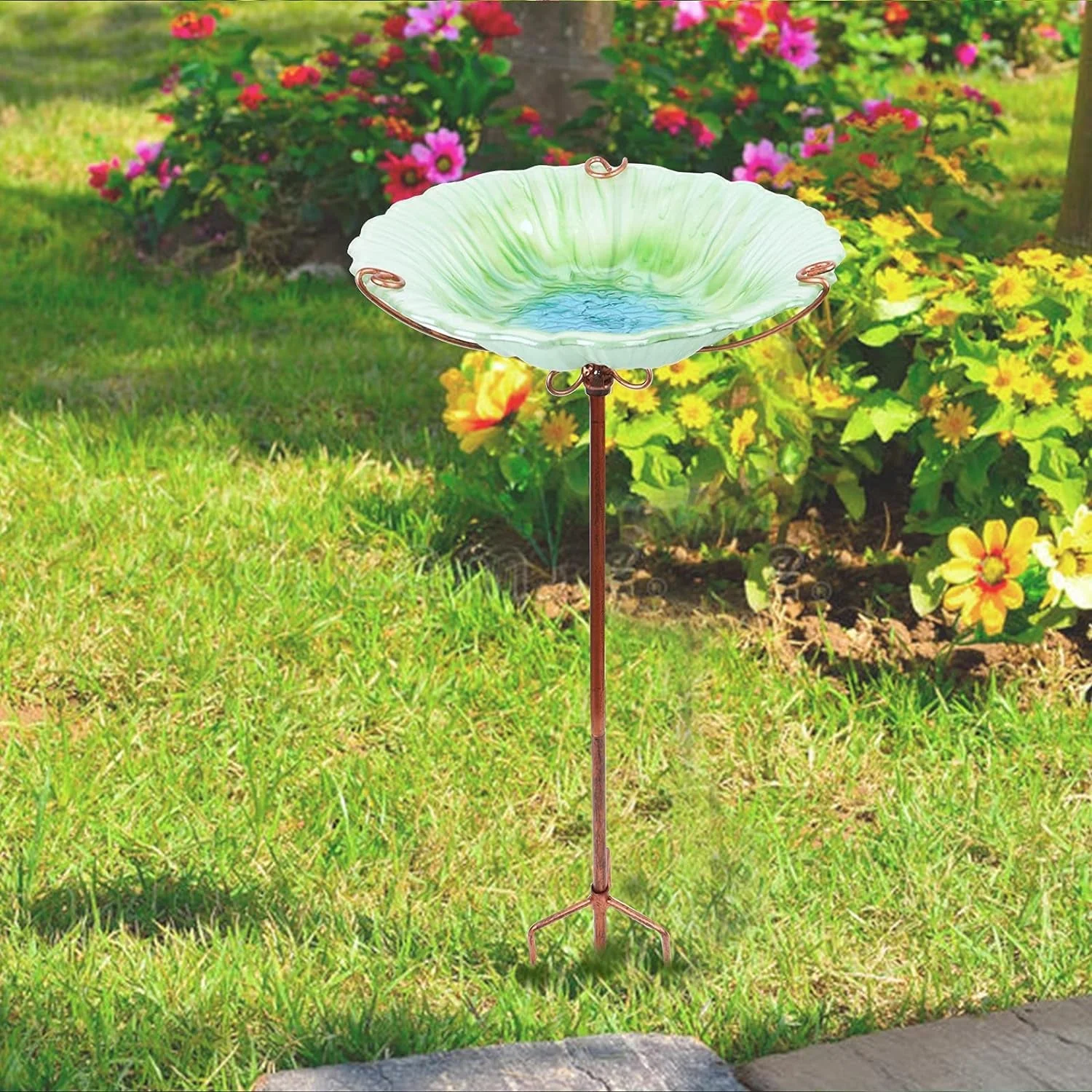 26 Inch Height Glass Birdbath Birdfeeder with Metal Stake Garden Outdoor Green - Image 6