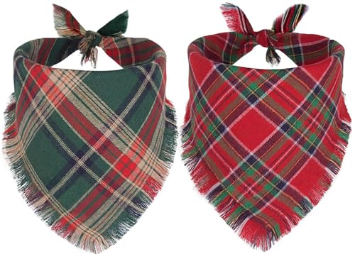 2PCS Christmas Dog Bandanas – Red and Green Plaid with Tassels - Image 2