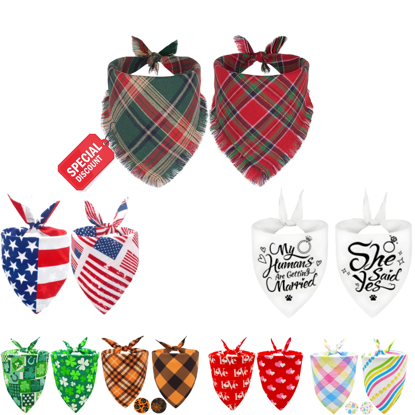 2PCS Christmas Dog Bandanas – Red and Green Plaid with Tassels - Image 3
