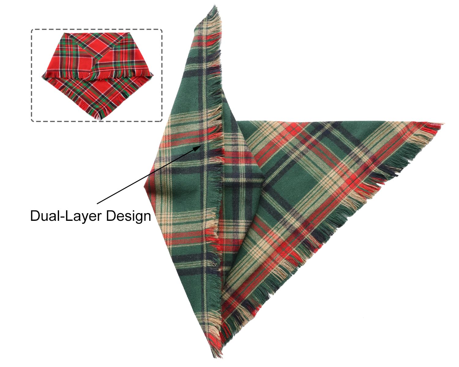 2PCS Christmas Dog Bandanas – Red and Green Plaid with Tassels - Image 7