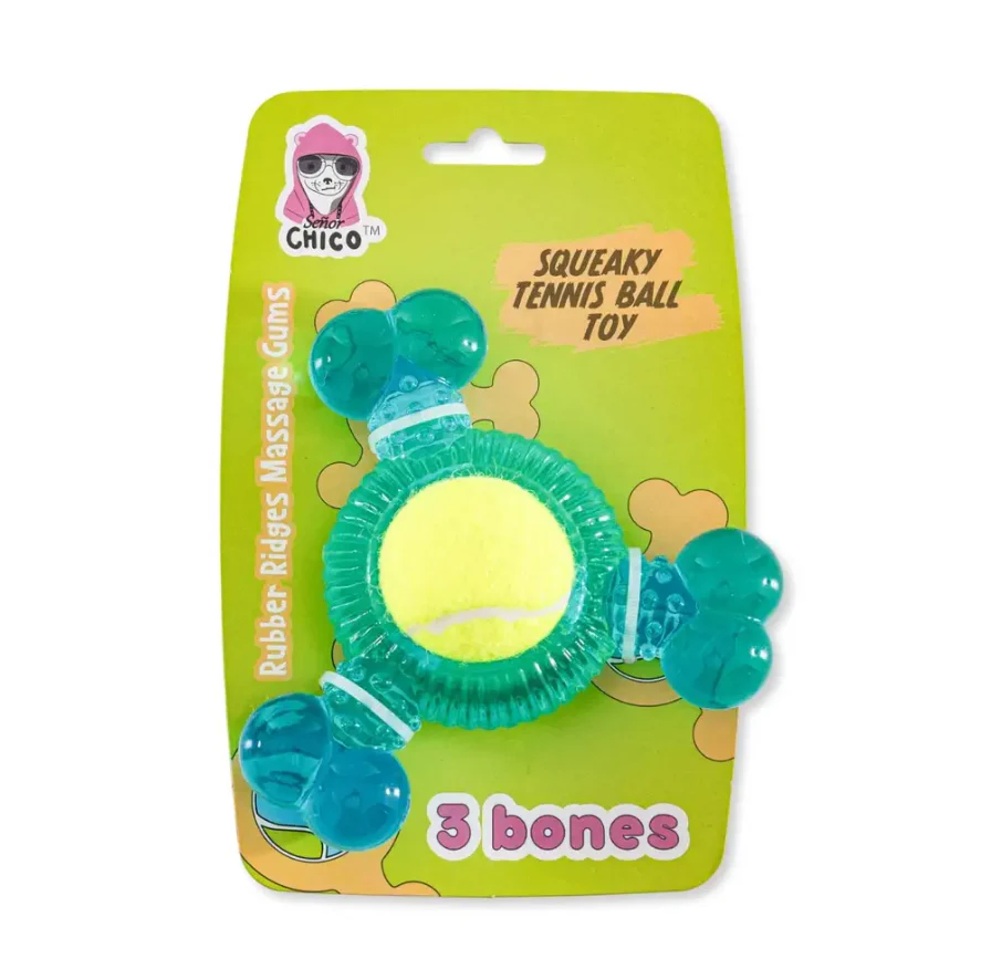 3-Bone TPR Chew Toy with Squeaker & Tennis Ball for Dogs – Removable Ball & Interactive Play - Image 2