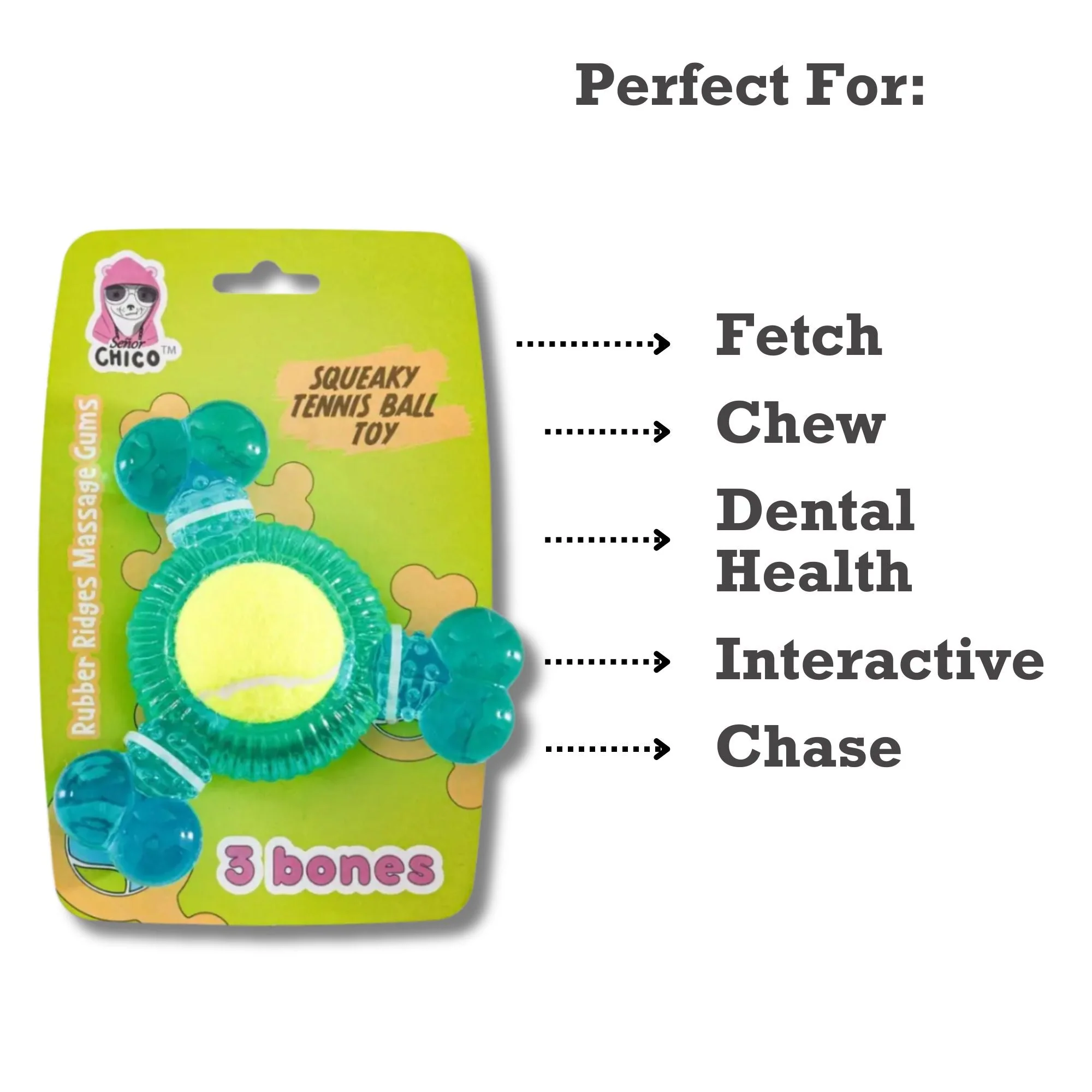 3-Bone TPR Chew Toy with Squeaker & Tennis Ball for Dogs – Removable Ball & Interactive Play - Image 6