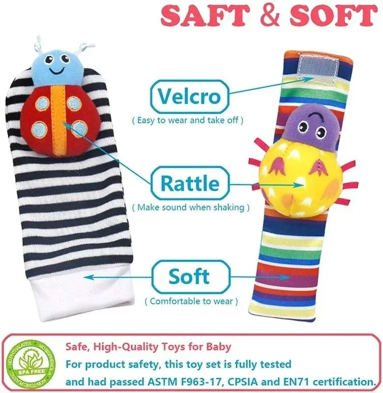 4 PCS Baby Rattle Toy Set Soft Animal Socks & Wrist Straps for Newborns 0–12 Months Educational Plush Toys - Image 5