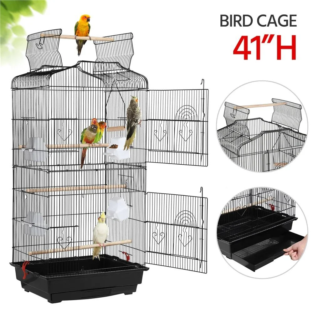41''H Open Top Metal Birdcage with Slide-Out Tray and Feeders, Black - Image 2