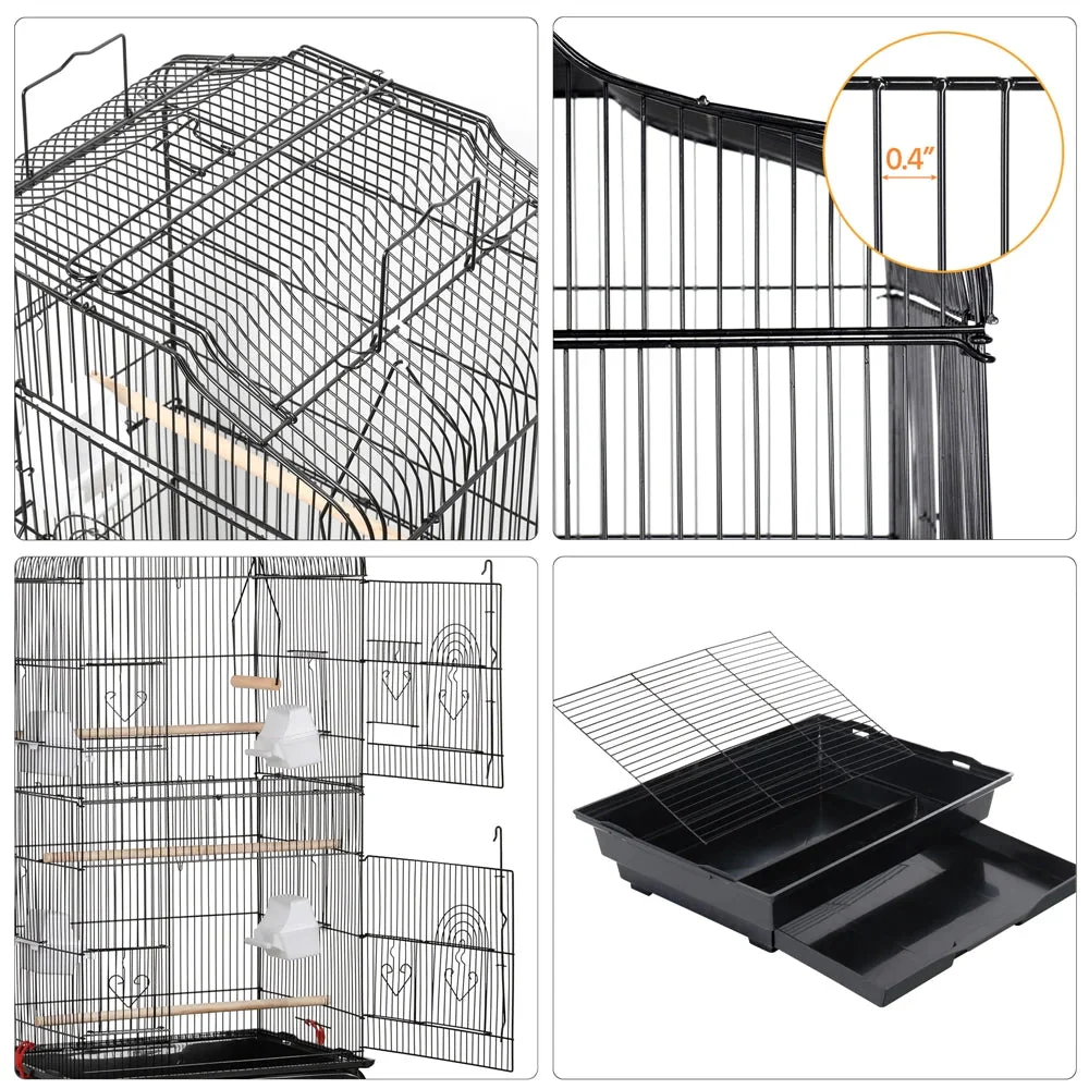 41''H Open Top Metal Birdcage with Slide-Out Tray and Feeders, Black - Image 3