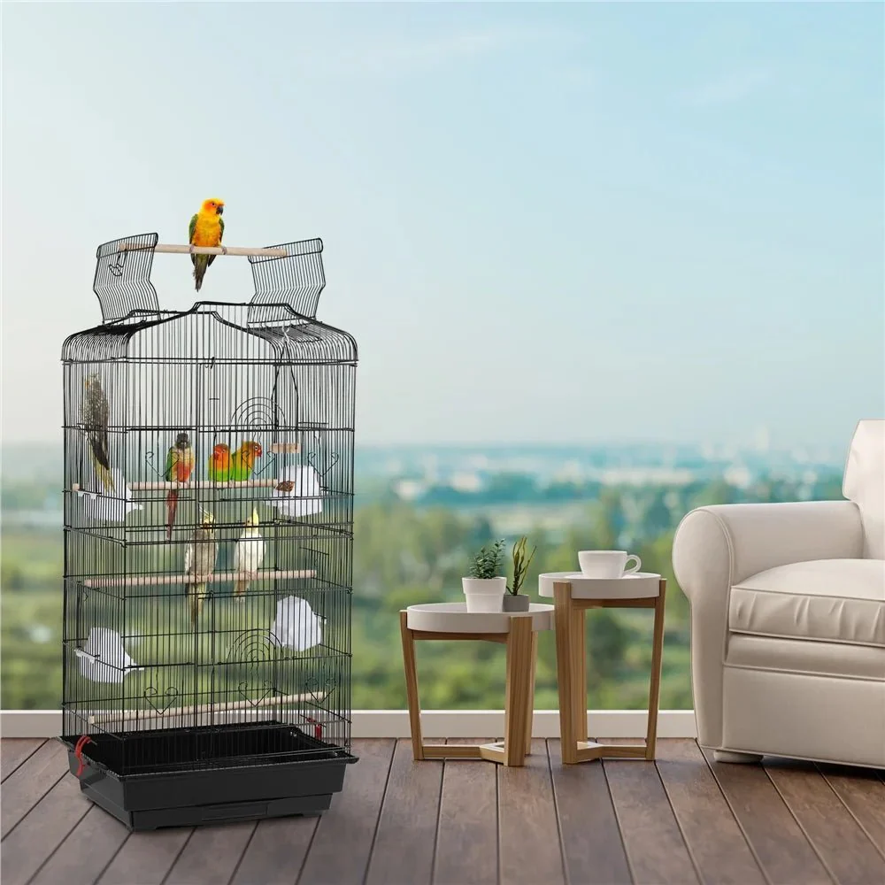 41''H Open Top Metal Birdcage with Slide-Out Tray and Feeders, Black - Image 8
