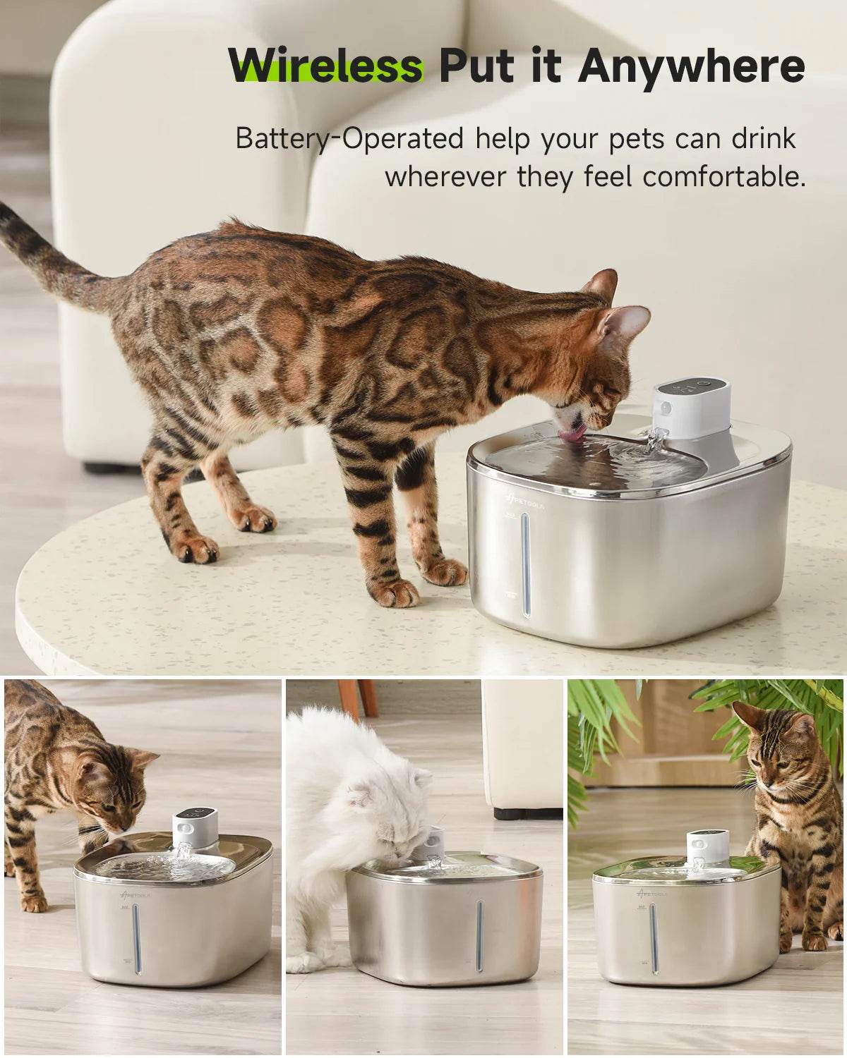 4L Wireless Cat Water Fountain - Auto Sensor Pet Drinking Fountain with Battery | Stainless Steel Cordless Water Dispenser for Dogs & Cats - Image 3