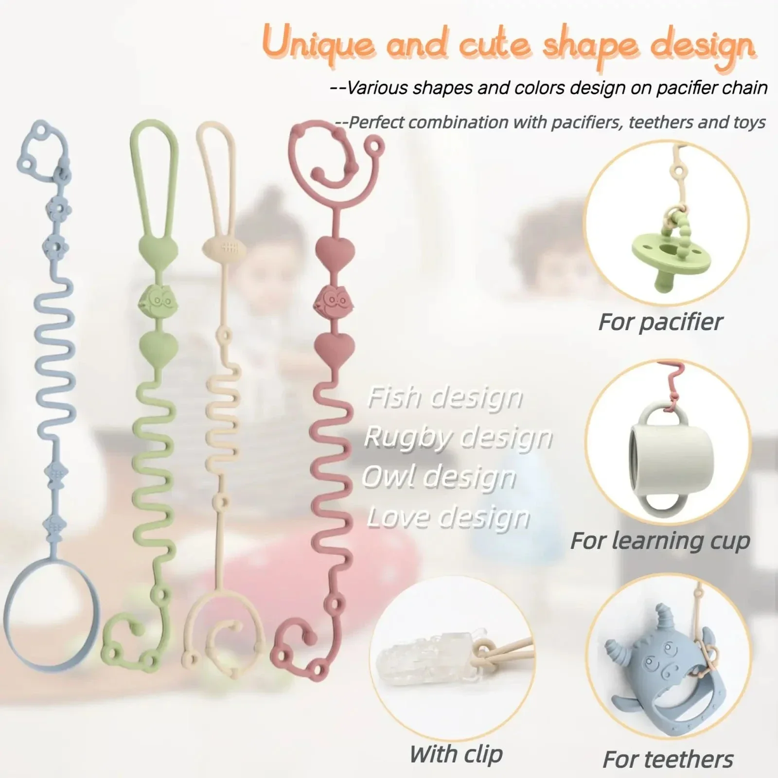 4PCS Adjustable Silicone Pacifier Chain Set | Safe Teether Toys for Baby Crib, High Chair & Gift Set – Beige - Image 3