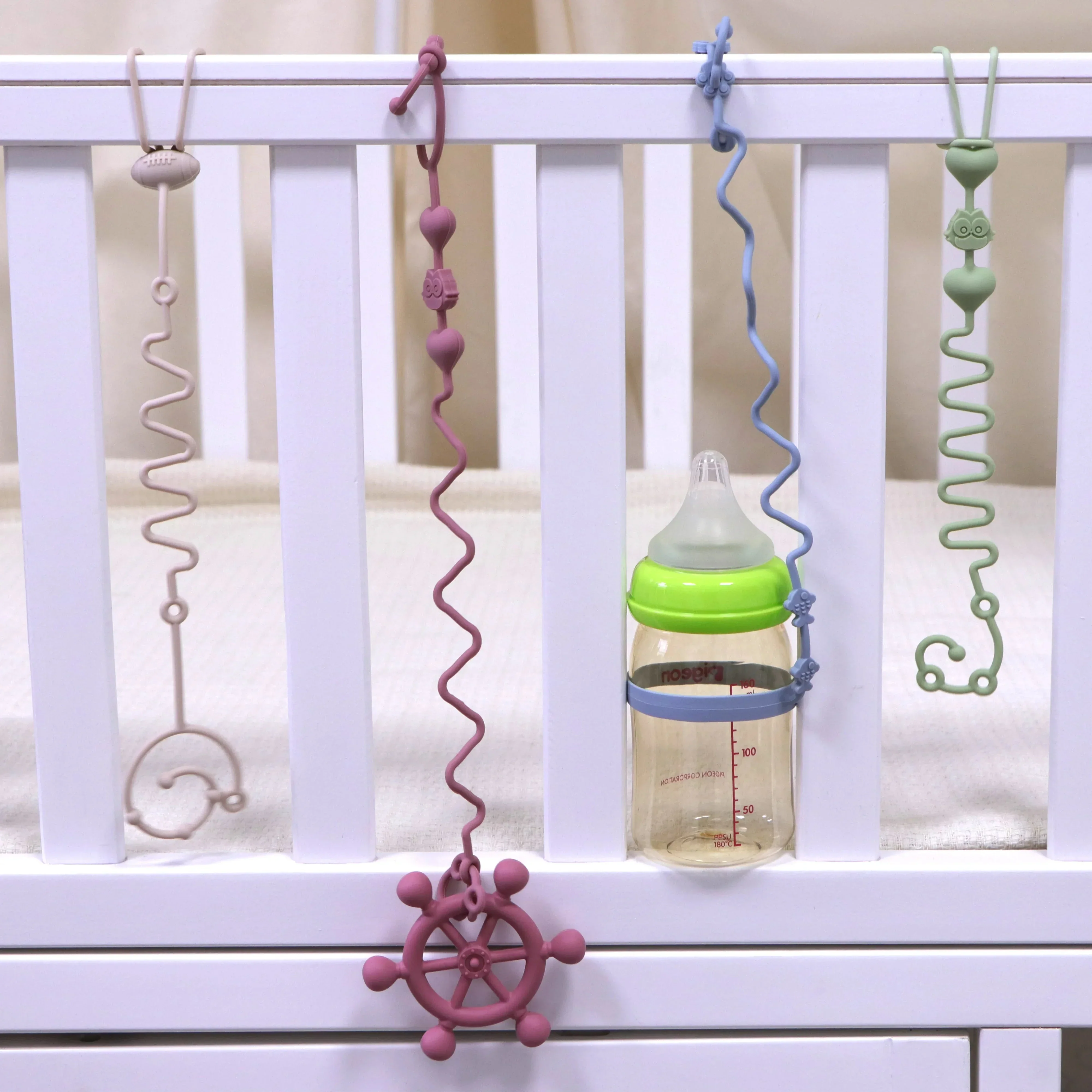 4PCS Adjustable Silicone Pacifier Chain Set | Safe Teether Toys for Baby Crib, High Chair & Gift Set – Beige - Image 5