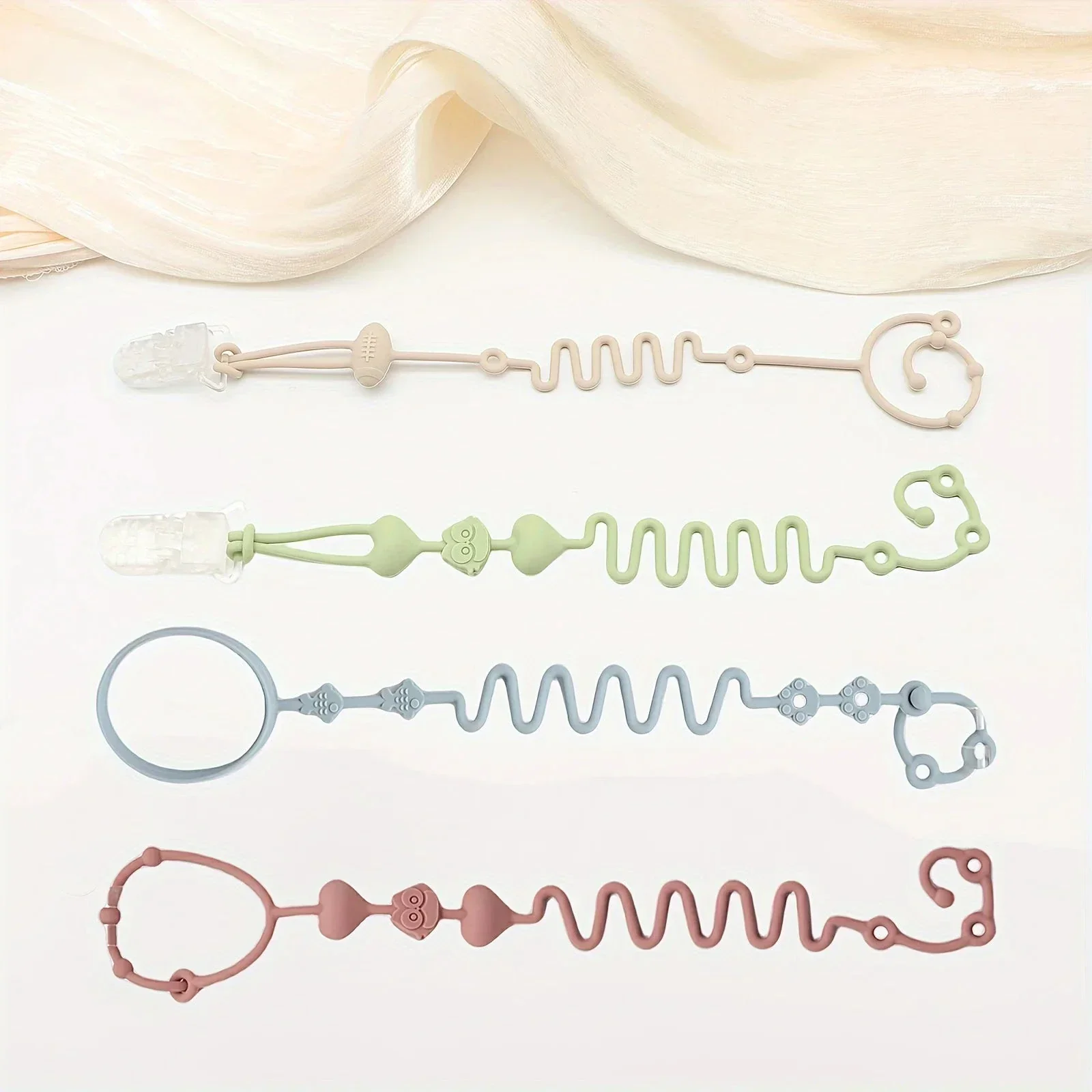 4PCS Adjustable Silicone Pacifier Chain Set | Safe Teether Toys for Baby Crib, High Chair & Gift Set – Beige - Image 6