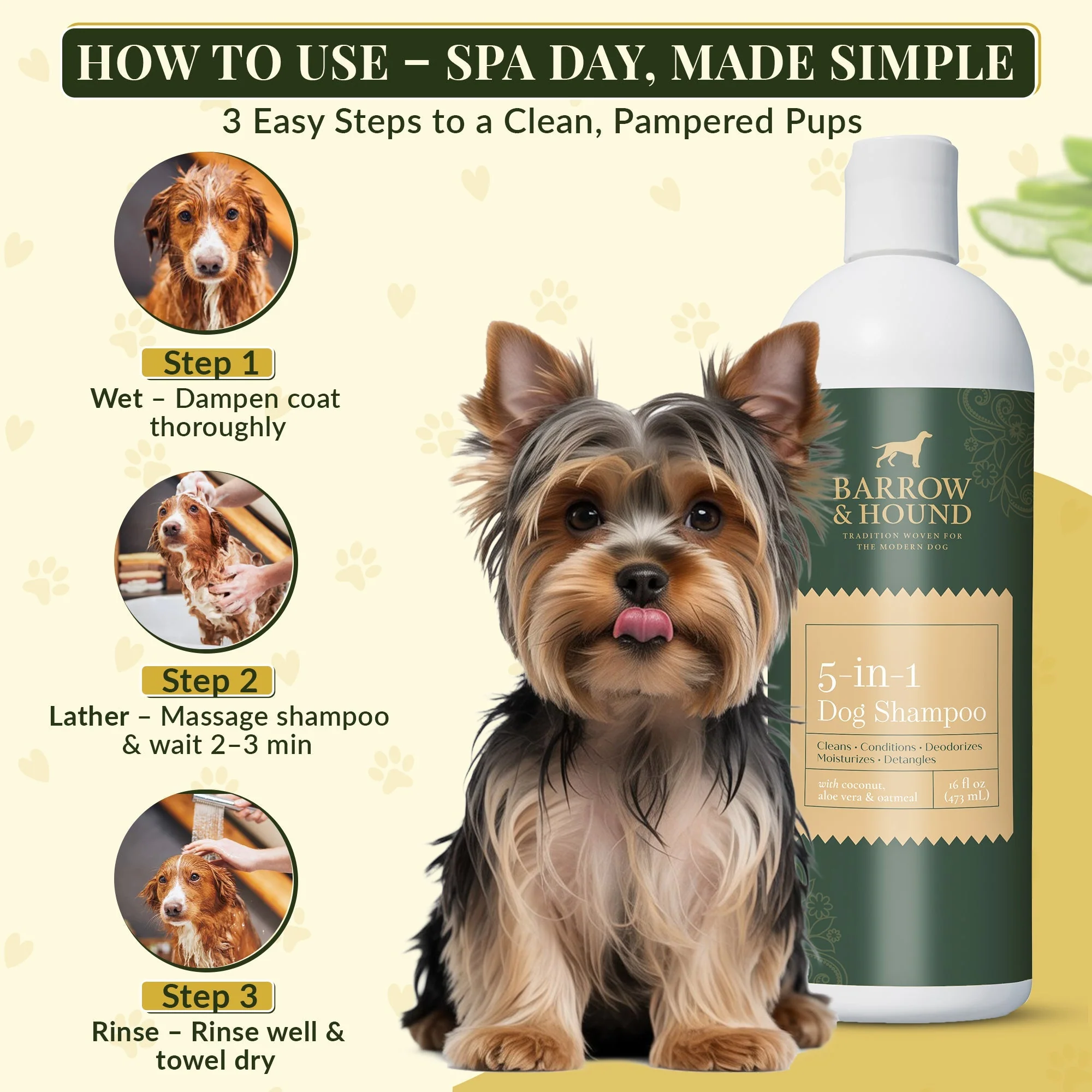5-in-1 Dog Shampoo – Cleans, Conditions, Deodorizes, Moisturizes & Detangles – with Coconut, Oatmeal & Aloe – for Sensitive Skin – 16 fl oz - Image 6