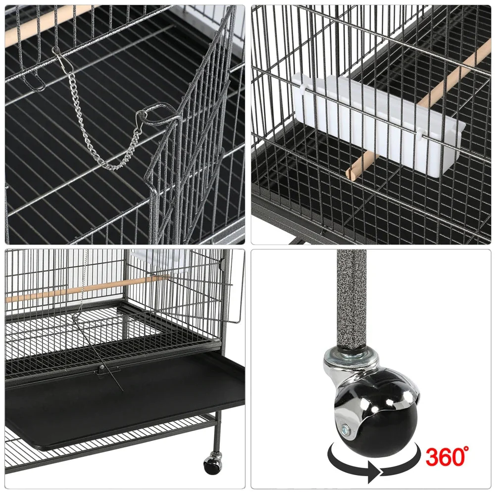 52''H Metal Rolling Bird Cage with 3 Perches & 4 Feeders & Extra Storage Shelf, Black - Image 2