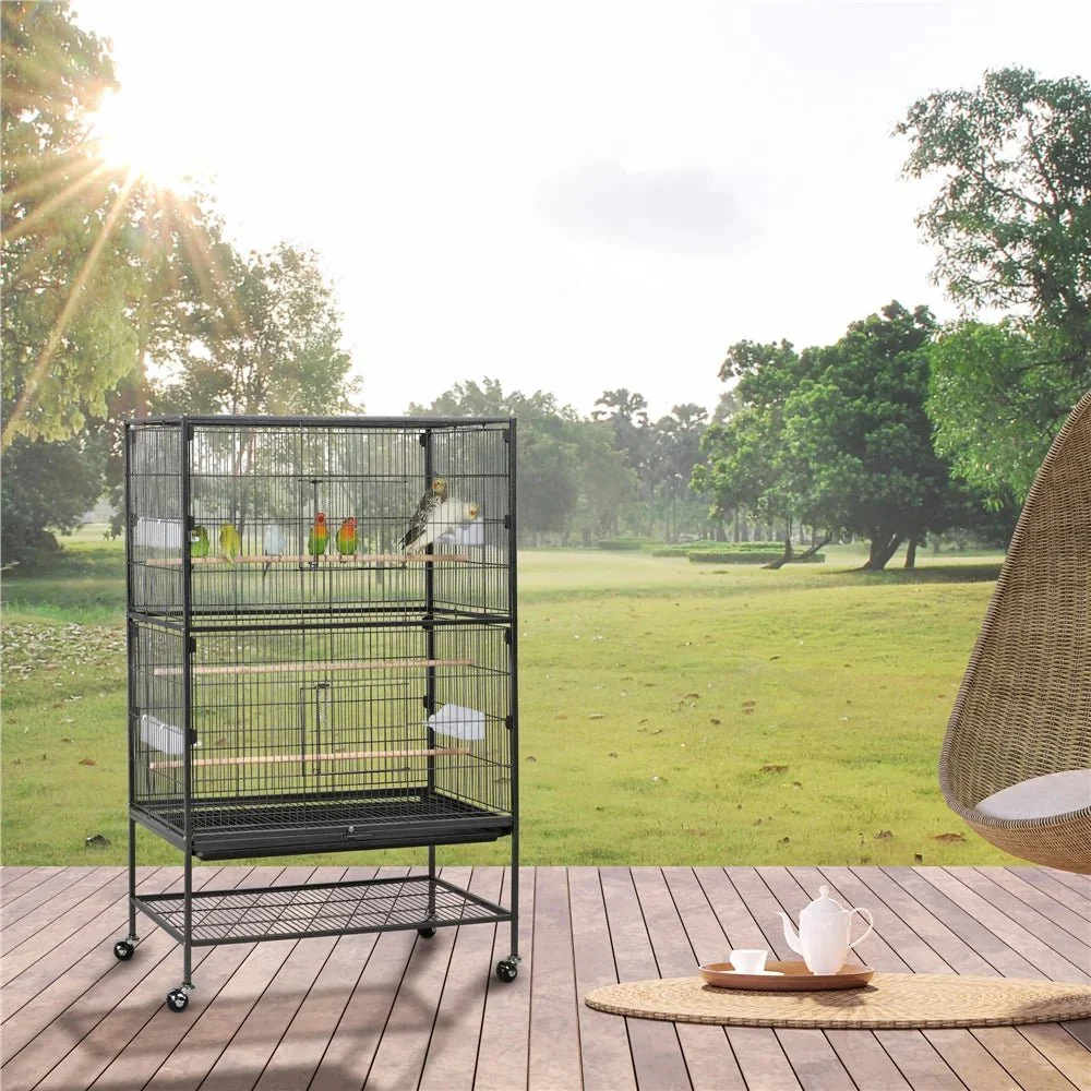 52''H Metal Rolling Bird Cage with 3 Perches & 4 Feeders & Extra Storage Shelf, Black - Image 5