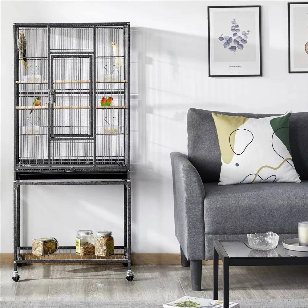 53.7'' H Rolling Bird Cage W/ Stand for Conures Parakeets Cockatiels,Black - Image 6