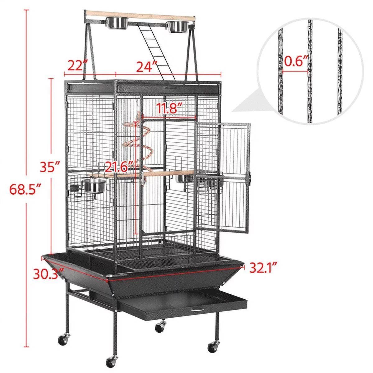 68.5'' H Metal Rolling Bird Cage Parrot Cage,Black - Image 2