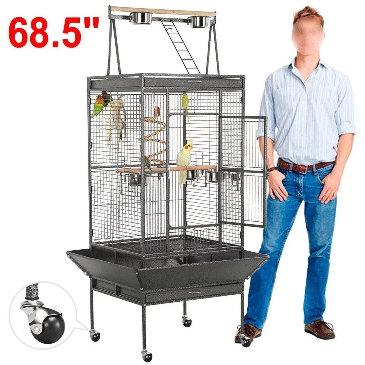 68.5'' H Metal Rolling Bird Cage Parrot Cage,Black - Image 5