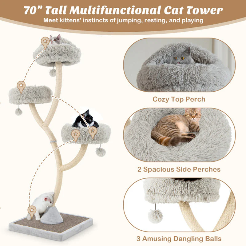 70" Tall Metal Cat Tree Tower with 3 Plush Perches & Sisal Scratching Posts - Image 7