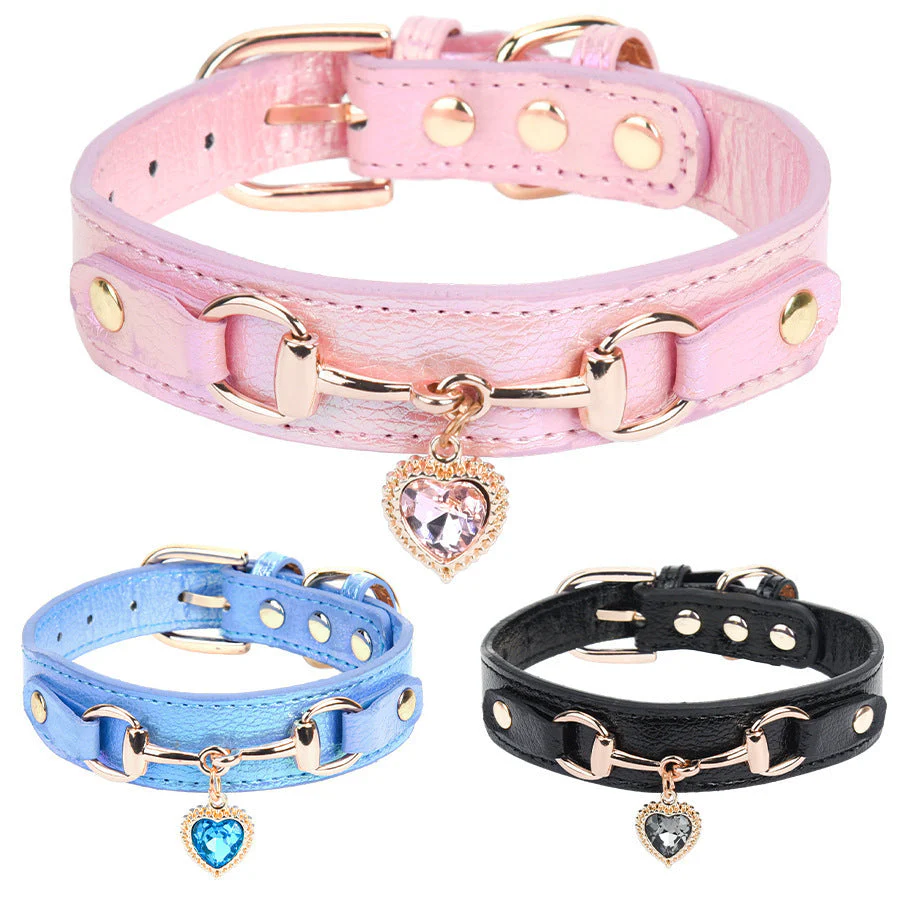 Adjustable PU Leather Dog Collar with Crystal Heart Charm - Image 3